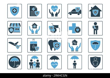 Insurance and assurance icon set. health insurance, travel, renters, life insurance. Solid icon style design. Simple vector design editable Stock Vector