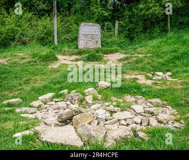 Official and often disputed source of the River Thames near Kemble in Wiltshire UK marked by a granite stone and plaque Stock Photo