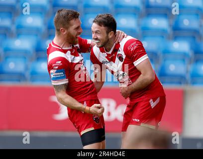 Salford Reds' Marc Sneyd and Ryan Brierley celebrate a try during the Betfred Super League match at the AJ Bell Stadium, Salford. Picture date: Sunday May 28, 2023. Stock Photo