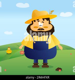 Weird sad farmer in a yellow shirt and blue overalls. Salomon hat with spikelets and flower in hand with a crazy cartoon chicken in a clearing. Vector Stock Vector
