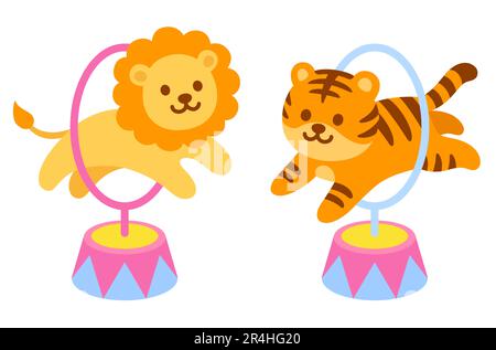 Cartoon circus tiger and lion jumping through hoop. Cute and funny circus animals performance vector illustration, children's book drawing. Stock Vector