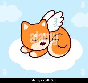 Cute angel dog with wings sleeping on cloud in heaven. Pet death loss greeting card. Shiba Inu drawing, vector illustration. Stock Vector
