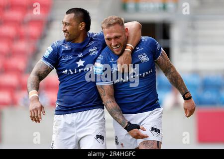 Hull FC's Josh Griffin celebrates his try with Ligi Sao during the Betfred Super League match at the AJ Bell Stadium, Salford. Picture date: Sunday May 28, 2023. Stock Photo