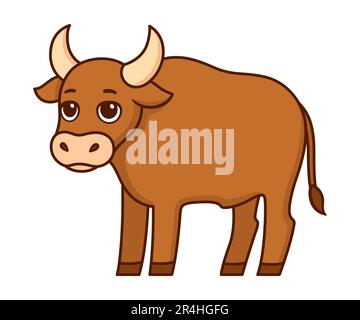 Cute cartoon brown ox drawing. Vector clip art illustration. Stock Vector