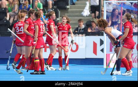 London, UK. 28th May, 2023. Belgium's players celebrate after winning a game between Great Britain and Belgium's Red Panthers, match 2 (out of 12) in the group stage of the 2023 Women's FIH Pro League, Sunday 28 May 2023 in London, United Kingdom. BELGA PHOTO VIRGINIE LEFOUR Credit: Belga News Agency/Alamy Live News Stock Photo