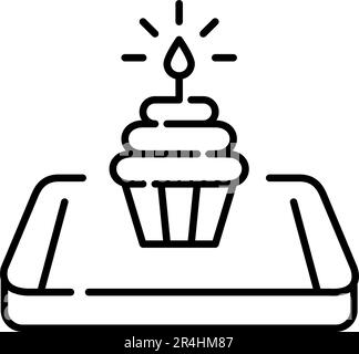 Birthday cupcake with candle on isometric smartphone. Birthday or anniversary. Pixel perfect, editable stroke icon Stock Vector