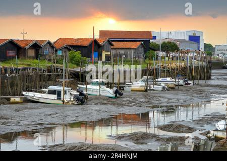 View of the town (commune) of Gujan-Mestras at low tide of the Atlantic Ocean in the Arcachon Bay in the early morning. Ocean water receded from the b Stock Photo