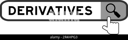 Search banner in word derivatives with hand over magnifier icon on white background Stock Vector
