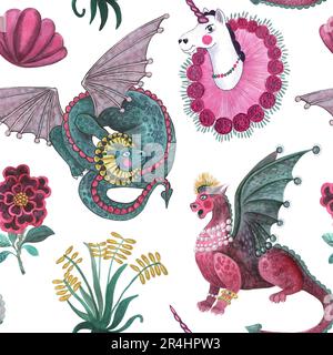 Сute unicorn and dragon and sea shell and flowers .Watercolor illustration pattern on white background. Mystical animals. For clothes, fabrics Stock Photo
