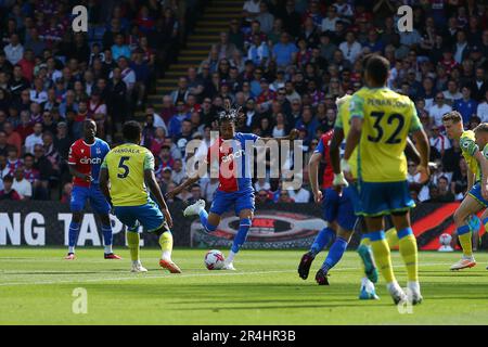 Selhurst Park, Selhurst, London, UK. 28th May, 2023. Premier League Football, Crystal Palace versus Nottingham Forest; Michael Olise of Crystal Palace takes a shot which goes straight at goalkeeper Wayne Hennessey of Nottingham Forest Credit: Action Plus Sports/Alamy Live News Stock Photo