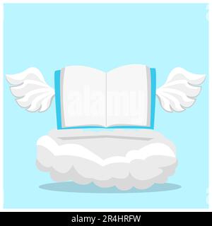 Vector Illustration of Wings Book on Cloud and Blue Color Background. Stock Vector