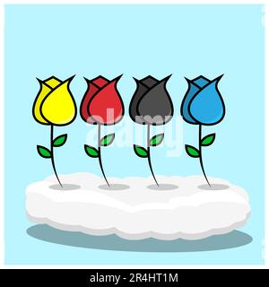 Vector Illustration of Icon Four Roses On Clouds and Blue Color Background Stock Vector