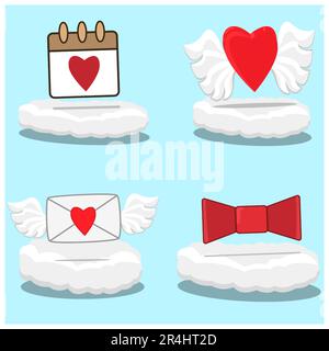 Vector Illustration of Icon Calendar, Message Fly, Love Fly, Tie on Clouds and Blue Color Background. Stock Vector
