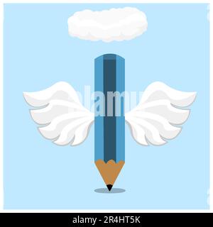 Vector Illustration of Wings Pencil, Cloud and Blue Color Background. Stock Vector