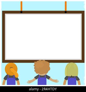 Vector Illustration Of Three Student Reading Blank Whiteboard and Blue Color Background. Stock Vector
