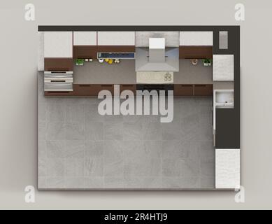 Isometric kitchen with brown cabinets 3d model Stock Photo