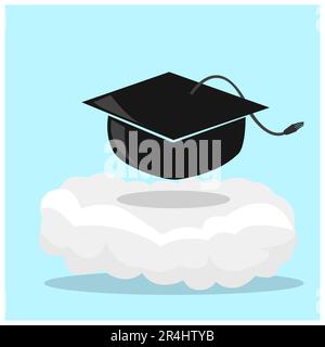 Vector Illustration of Hat Graduation on Cloud and Blue Color Background. Stock Vector