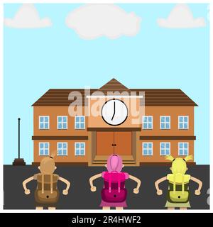Vector Illustration of Three Girl Go to School, Come Back School and School Background. Stock Vector