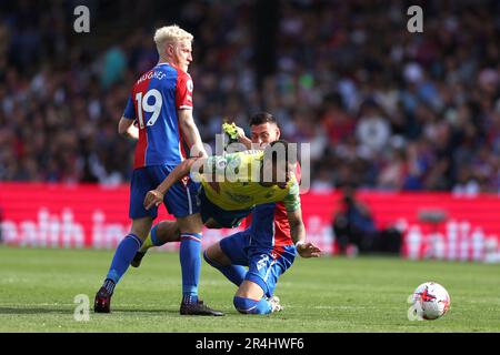 Nottingham Forest's Morgan Gibbs-White (centre) battle for the ball with Crystal Palace's Will Hughes (left) and Joel Ward during the Premier League match at Selhurst Park, London. Picture date: Sunday May 28, 2023. Stock Photo