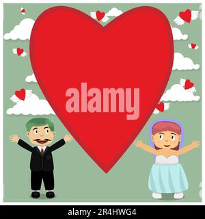 Vector Illustration Of Couple On Wedding Love Template, Big Love, and Sky Background. Stock Vector