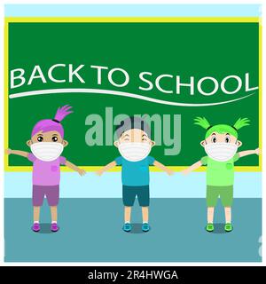 Vector Illustration of Three Student Come Back School on Class and Distancing. Stock Vector