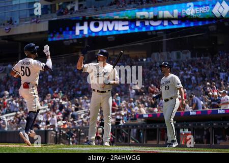 Minnesota Twins' Max Kepler bats during the third inning of a baseball game  against the New York Yankees, Monday, April 24, 2023, in Minneapolis. (AP  Photo/Abbie Parr Stock Photo - Alamy