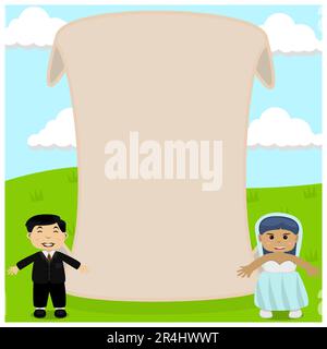 Vector Illustration Of Couple Wedding Template in Field and Sky Color Background. Stock Vector