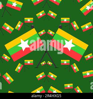 Vector Illustration of Myanmar Pattern Flags and Green Colors Background. Stock Vector