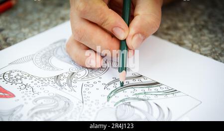 Girl decorates a black and white pattern on paper with a colored pencil Stock Photo