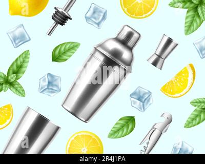 Realistic background with bartender equipment. Metal elements, cocktail shaker, jigger, sprouts, mint leaves, lemon and ice cubes, 3d isolated Stock Vector