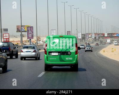 Cairo, Egypt, May 10 2023: Egyptian post delivery truck van mobile car service on the highway road, Egypt post is Egyptian agency responsible for post Stock Photo