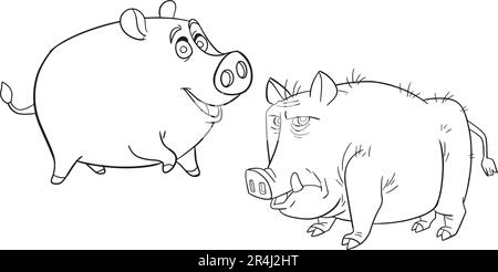 Easy coloring page of Cute Pigs . Icon sheet vector. Vector design template for kids coloring book Stock Vector