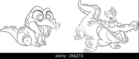 Set of cute crocodile cartoon. Coloring page style, Isolated vector icon and mascot illustration, white background. Stock Vector