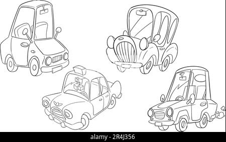 Outlined Cars Cartoon Character Poses. Vector Hand Drawn Collection Set ...