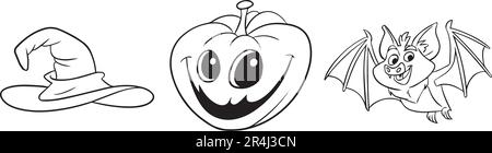 Bat, witch hat and magic potion pot with ghosts for hallowen party. Outlines-contours - design for logo, stickers, icon, illustration for coloring Stock Vector