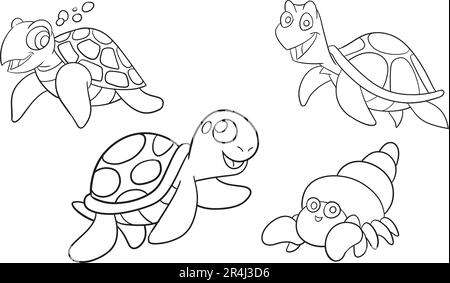 Sea animals group coloring page. Ocean fish, octopus, dolphin, shark, whale, turtle and crab. Doodle style. Outline vector illustration for coloring Stock Vector