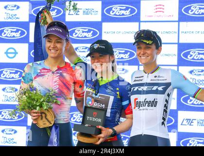 London, UK. 28th May, 2023. Charlotte Kool, Lizzie Deignan and Chloe Dygert 1st 2nd and 3rd in the overall podium, Ride London Classique, 28th May 2023, Credit:Chris Wallis/Goding Images/Alamy Live News Credit: Peter Goding/Alamy Live News Stock Photo