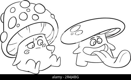 Little mushroom cute coloring pages. Cute Plants page for coloring book bundle concept.Isolated on white background. Stock Vector