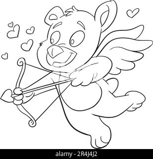 Valentine Day cute soft bear toy gift vector illustration isolated on white. Linear colouring page romantic stuffed animal plaything print for 14 Febr Stock Vector