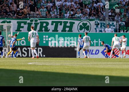 28 May 2023, Bavaria, Fürth: Soccer: 2. Bundesliga, SpVgg Greuther Fürth - Darmstadt 98, Matchday 34, Sportpark Ronhof Thomas Sommer. Fürth's Tobias Raschl (r) scores the 1:0 for Greuth Fürth. Photo: Daniel Löb/dpa - IMPORTANT NOTE: In accordance with the requirements of the DFL Deutsche Fußball Liga and the DFB Deutscher Fußball-Bund, it is prohibited to use or have used photographs taken in the stadium and/or of the match in the form of sequence pictures and/or video-like photo series. Stock Photo
