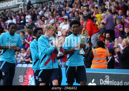 Selhurst Park, Selhurst, London, UK. 28th May, 2023. Premier League Football, Crystal Palace versus Nottingham Forest; Crystal Palace Under-15 parade around the pitch at half-time with their trophies Credit: Action Plus Sports/Alamy Live News Stock Photo