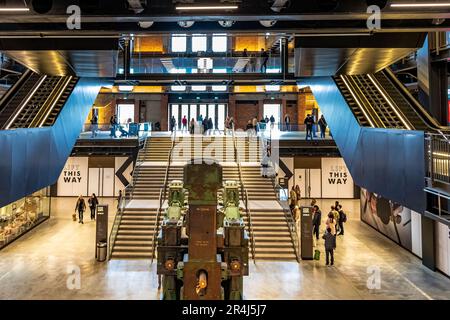The stairs and entrance to the South Atrium inside Battersea Power Station,now a major shopping and leisure destination, London SW11 Stock Photo