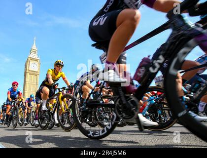 London, UK. 28th May, 2023. The Peloton speed by Big Ben during Ride London Classique, 28th May 2023, Credit: chris wallis/Alamy Live News Credit: chris wallis/Alamy Live News Stock Photo