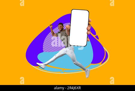 Place For Ad. Cheerful Black Guy With Blank Smartphone Over Abstract Background Stock Photo