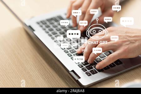 Man hands typing on laptop keyboard, using chat gpt, collage Stock Photo