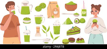 Oriental matcha tea, macarons and cakes from green powder. Teens drinking and eating desserts. Cartoon organic japanese food, snugly vector clipart Stock Vector