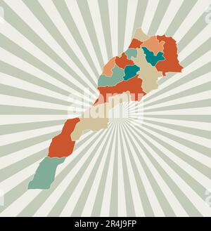 Morocco map. Poster with map of the country in retro color palette. Shape of Morocco with sunburst rays background. Vector illustration. Stock Vector