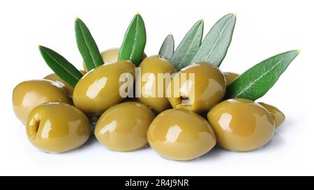 Green olives with leaves isolated on white background Stock Photo
