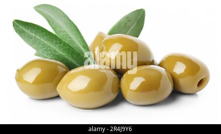 Green olives with leaves isolated on white background Stock Photo