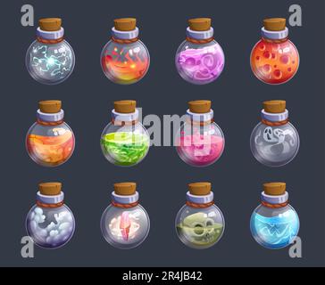 Fairytale poisons. Chemical alchemy colored bottles with liquid poison exact vector fantasy pictures set Stock Vector